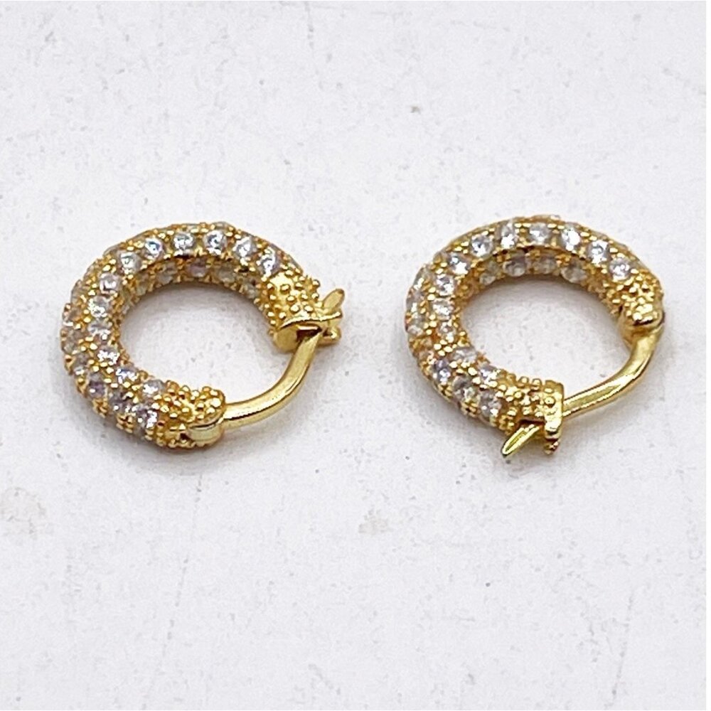 AV 925 Gold Vermeil Sterling Crystal Pavé Huggie Hoop Earrings Small Sparkle